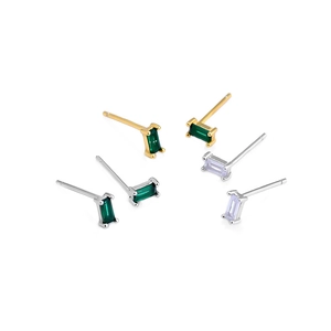 Minimalist square zircon stud earrings in gold and silver with emerald green gemstones