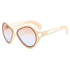 Fashionable oversized retro sunglasses with cream white frame and blue-orange gradient lenses