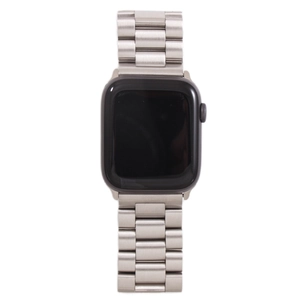 Detailed view of silver stainless steel three-bead link band for Apple Watch series