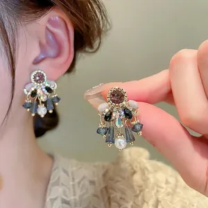 Elegant vintage wind chime earrings with purple crystal, grey beads and faux pearls