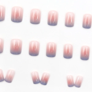 Pink and blue ombre gradient short square oval press-on nails set with glossy finish