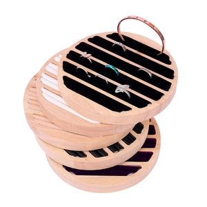 Stacked round solid wood jewelry tray with velvet lining for rings and bracelets