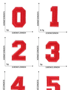 Size chart showing height and width for red embroidered number patches 0-5