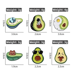 Detailed close-up of 6 avocado enamel pin designs with weights and sizes shown