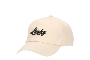 Close-up of Lucky cursive embroidery on a cream cotton twill outdoor baseball cap
