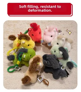 Overhead view of eight colorful plush horse keychains arranged in a circle on a soft rug