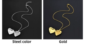 Close-up of gold and steel heart locket necklaces showing internal photo storage space
