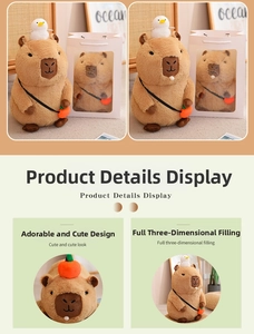 Close-up of brown plush capybara toy with persimmon bag and bird accessory in gift bag