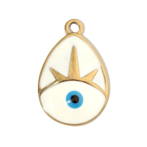 Detailed macro view of an enamel Evil Eye teardrop pendant with gold-plated steel edges