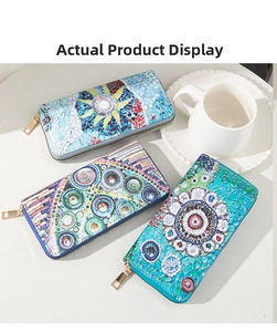 Close-up of ethnic mosaic print faux leather long wallets with premium gold metal zippers