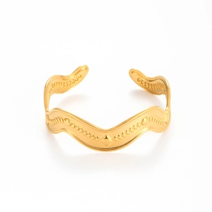 Luxury gold waved open bangle with vintage beaded accents and geometric rhombus design