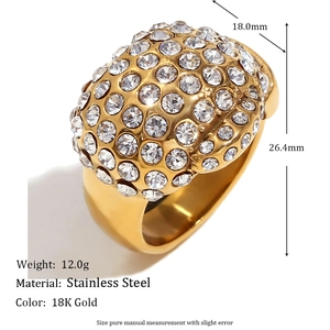 Luxurious men's 18K gold plated stainless steel ring with micro-pave crystals on white background