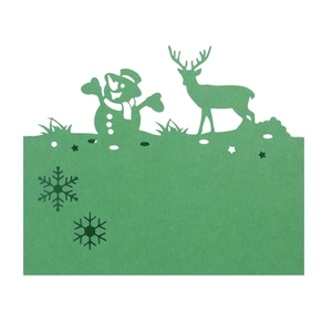 Detail of green laser-cut Christmas place card with snowman and reindeer motifs