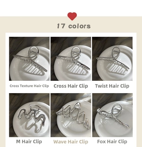 Six silver metal claw clips in cross and woven styles shown in 17 available colors