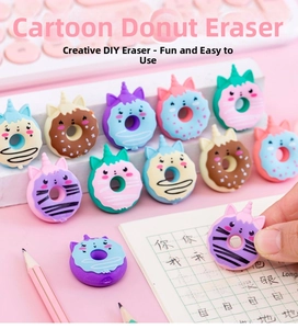 Group of colorful unicorn donut erasers in macaron shades with cute cat ear details