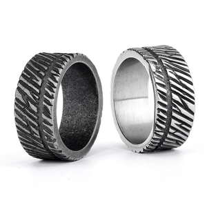 Unisex Viking textured stainless steel rings in polished silver and vintage black finishes