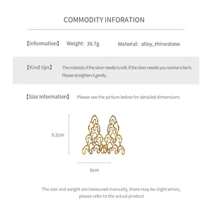 Size guide for large gold-tone hollow earrings with rhinestone details and alloy frame