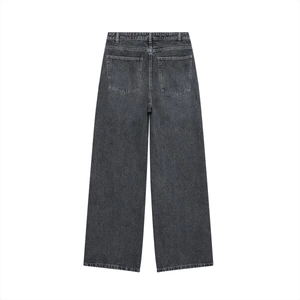 Rear view of washed black wide leg denim pants with high waist and back pockets