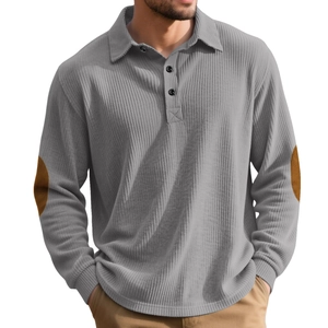 Men's grey waffle knit long sleeve polo shirt with classic collar and brown elbow patches
