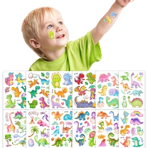 Waterproof glitter dinosaur tattoos for kids with colorful cartoon patterns in watercolor style