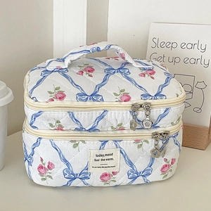 Vue détaillée de la trousse à maquillage double couche avec nœuds bleus et roses