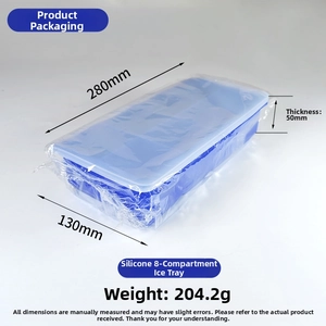 Macro detail of 8-compartment blue silicone ice cube tray with lid and specific dimensions
