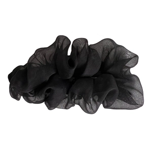 Elegant black pleated organza hair scrunchie with sheer mesh fabric on white background