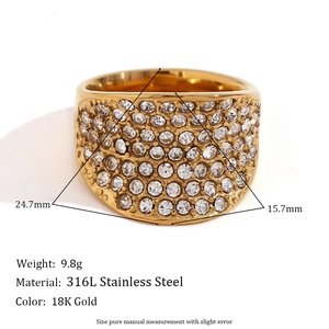 Bague large en acier inoxydable doré 18K avec micro-pavage de cristaux étincelants