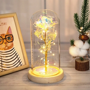 Galaxy Rose In Glass Dome With LED Light String Wood Base Artificial Eternal Flower Romantic Valentine Mother Day Gift