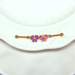 Barbell industriel doré avec pendentifs de fleurs violettes et roses et cristaux jaunes