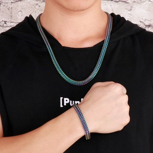 Rainbow flat snake chain necklace and bracelet set in stainless steel for men