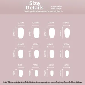 Detailed size chart for short ballet press-on nails including dimensions for 24 pieces
