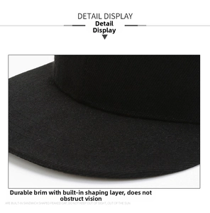 Primer plano de la visera rígida y tela de sarga de la gorra negra estilo hip-hop
