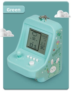Detail of mint green mini arcade keychain with joystick, buttons and cute bunny illustration