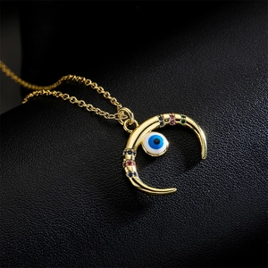 18K gold plated crescent necklace with multicolor zircon stones and blue evil eye