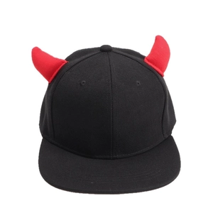 Creative black snapback hat with red devil horns made of cotton twill for hip hop style