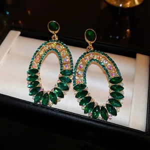 Emerald Green Rhinestone Dangle Earrings With 925 Sterling Silver Earring Post Vintage Luxury Hollow Oval Jewelry Women