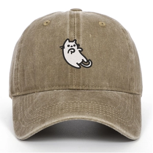 Vintage washed khaki cotton baseball cap with minimalist cat embroidery and curved brim