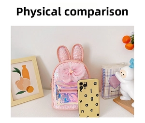 Pink sequin bunny backpack size comparison with giant bow and shiny rabbit ears