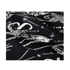 Close-up of black bohemian tapestry showing zodiac patterns and fabric texture