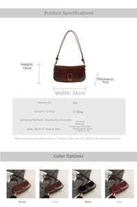 Infographic showing dimensions and four color options of this vintage small square bag