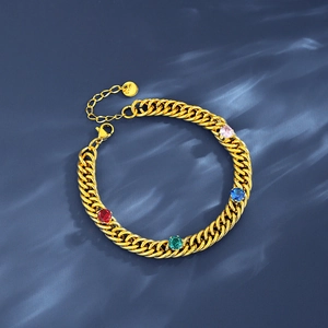 Golden stainless steel Cuban chain bracelet with multi-colored round zircon gemstones
