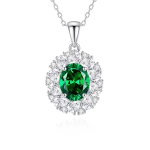 925 Sterling Silver Oval Pendant Necklace For Women Emerald Green Rhinestone Clavicle Chain Elegant Fashion Jewelry Gift