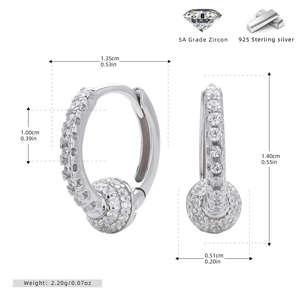 Detailed dimensions of silver hoop earrings with cubic zirconia paved spheres