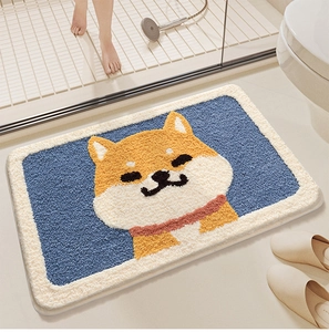Close-up of a Shiba Inu bathroom mat with soft plush texture on beige tiled floor