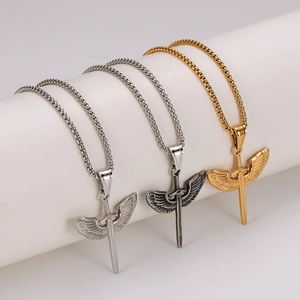 Vintage stainless steel angel wing and sword pendant necklaces in gold and silver
