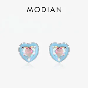 Heart Stud Earrings 925 Sterling Silver Colorful Heart Zircon Light Blue Enamel Border Sweet Fresh Jewelry For Women