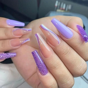 Purple Glitter Long Coffin Press On Nails Ballerina French Wave Lines Glossy Artificial Fingernails Manicure For Women