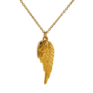Gold angel wing pendant necklace with rose embossment on a classic link chain