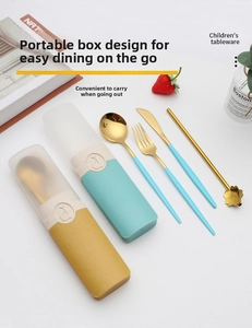 Gold-plated stainless steel cutlery set with wheat straw storage cases in detail view